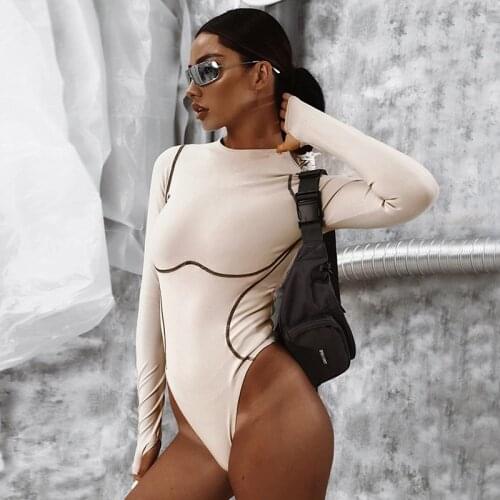 2020 long sleeve stripe line patchwork sexy bodysuit autumn winter women fashion streetwear outfits bodycon romper bodysuit