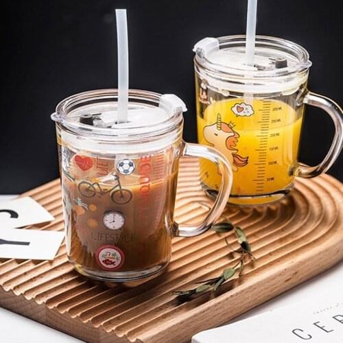 1 Piece Cute Breakfast Milk Powder Cup With Scale Cartoon Glass Mug With Lid Handle Measuring Pipette Kid Milk Cup Microwaveable
