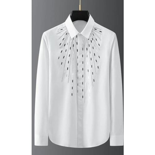 Handmade Geometric Metal Sheet Sewing Mens Shirt Personality Long-sleeved Luxury Shirt Social Party Stage Star Chemise Homme