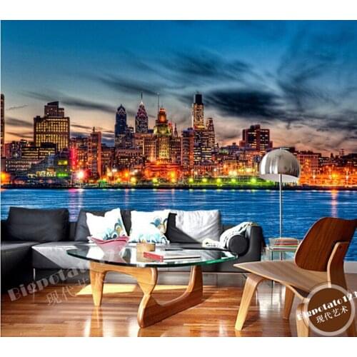 The latest 3D murals,seaside city night under the beautiful dream of the sky, the living room TV sofa bedroom wall paper
