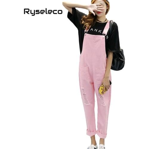 2018 Autumn New Casual Loose Women Denim Overalls Ripped Girl Candy Color Slim Jeans Rompers Fashion Holes Destroyed Bib Pants