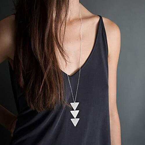 European and American new Long Necklace three triangle round double feather womens simple Pendant Necklace sweater chain