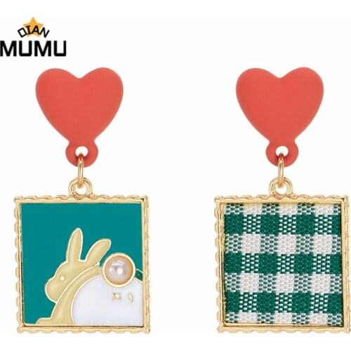 New asymmetric green plaid bunny earrings sweet and lovely heart-shaped earrings female rabbit fashion party accessories