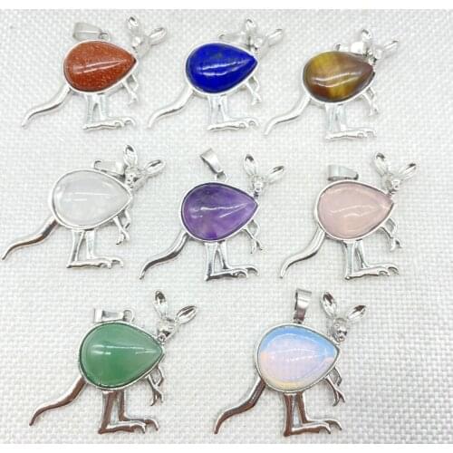 Wholesale Natural Gem Stone Water Drop Quartz Crystal Animal Kangaroo Archaize Silver Pendant Jewelry Making Necklace 10pcs