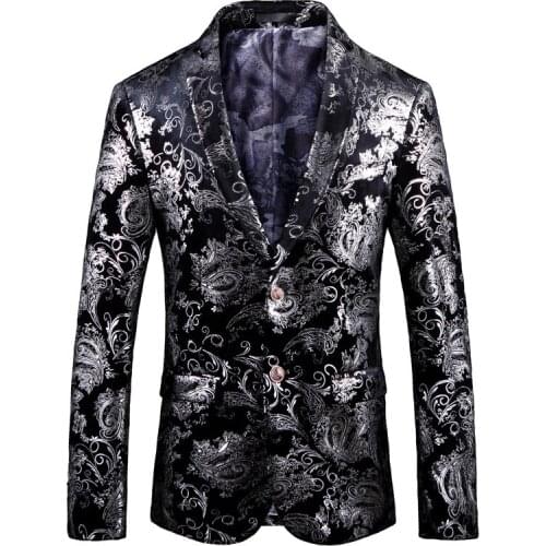 Slim Fit Blazer Male Silver Printing Fashion Plus Size Jacket Banquet Ball Party Nightclub Casual Suit Business Wedding Coat