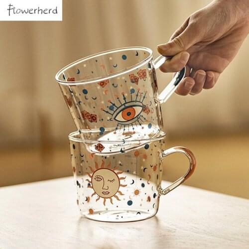 Large 500ml Scale Glass Mug Breakfast Milk Coffee Cup Coffeeware Creative Household Couple Water Cup Sun Eye Pattern Drinkware