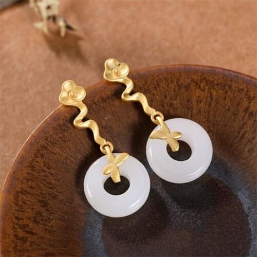 Uglyless Ethnic Butterlfy Lucky Clouds Earrings for Women Natural Jade Buttons Gemstones Earrings 925 Silver Jewelry Gold Bijoux