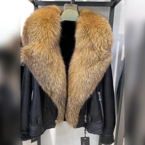 Woman Whole Skin Thick Fox Fur Collar Leather Jacket Winter Warm Real Fox Fur Collar Ladies Fashion Short Coat FC-403