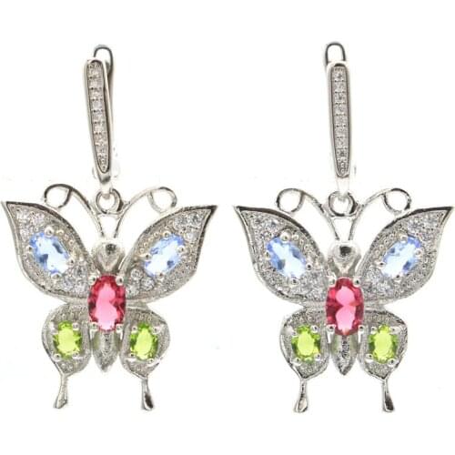57x15mm Lovely 12g Created London Blue Topaz Pink Kunzite White CZ Ladies 925 Sterling Silver Earrings