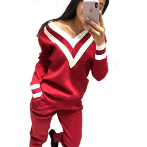 YICIYA 2021 Autumn Winter Two-piece Suit Womens Knit Tracksuit Color Matching V-neck Sweater + Beam Pants Knitted