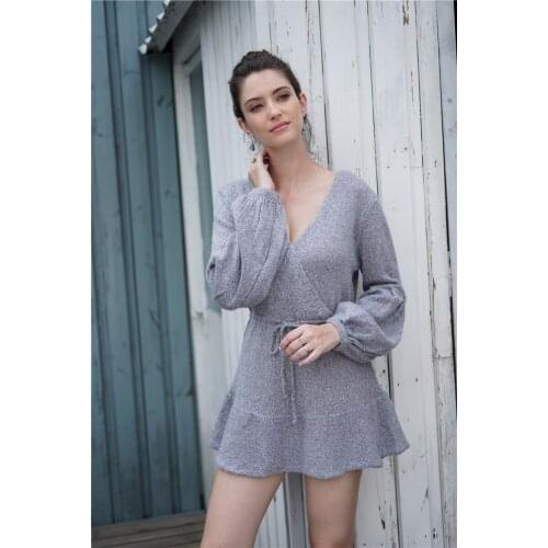 H80&S90 New Sexy Women V-Neck Ruffle Knitted Sweater Dress Anutumn Winter Lace Up Mini Dresses Casual Long Sleeve Solid Dress