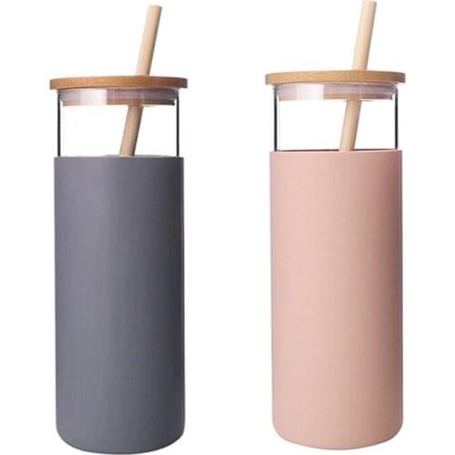 24Oz Glass Tumbler Portable Glass Water Bottle Straw Silicone Protective Sleeve Bamboo Lid