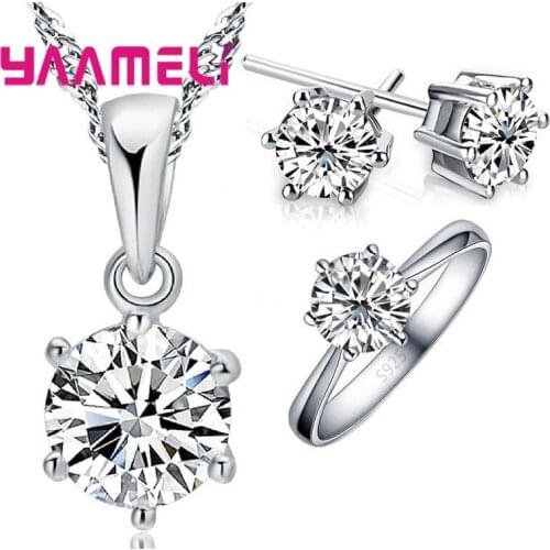 Hot Woman Birthday Gift Wedding Jewelry Set Solid 925 Sterling Silver Shining Crystal Necklace Ring Earring 3 pcs