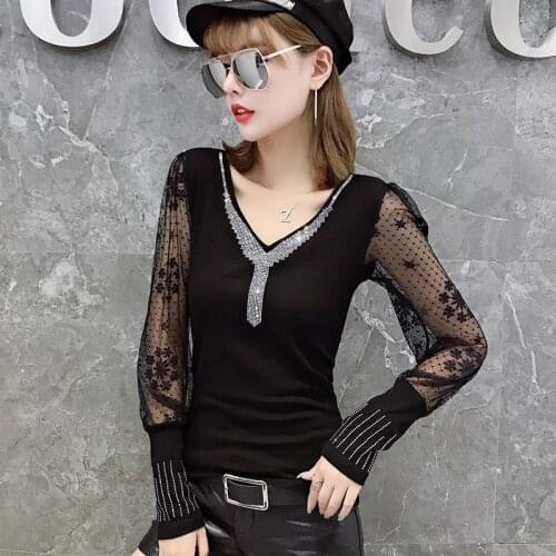#5752 Red Black Lace Lantern Long Sleeve T Shirt Women V Neck Diamonds Sexy Cotton Basic T-shirt Female Slim Tops Spring 2021