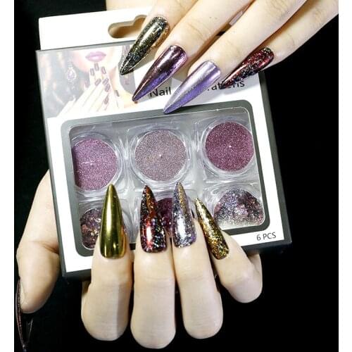 6 color laser powder Nail Mirror Glitter Powder Metallic Nail Art UV Gel Optical chameleon mirror magic mirror powder glitter