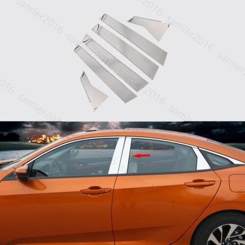 6pcs Stainless Outer Door Window Pillar Post Cover Trim For Honda Civic 16-2017