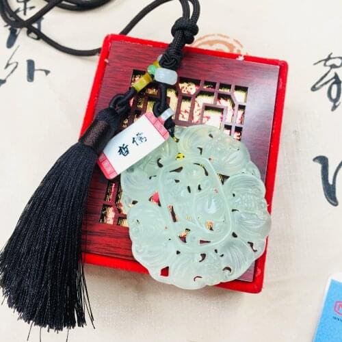 Zheru natural nephrite carved ice bottom hollow retro five blessing pendant with tassel necklace men and women sweater chain