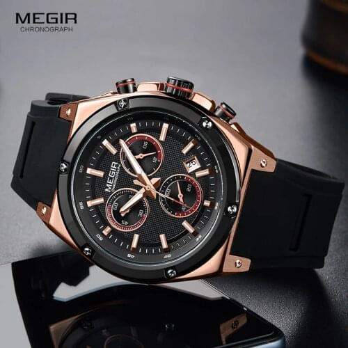 Megir Silicone Strap Military Quartz Watches Men Chronograph Wristwatch 24 Hours Display Army Sports Relogios Rose Gold 2073-1N0