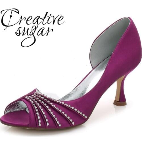 Creativesugar D'orsay open toe side satin shoes pleated rhinestones lady high heels party wedding shoes elegant woman pumps