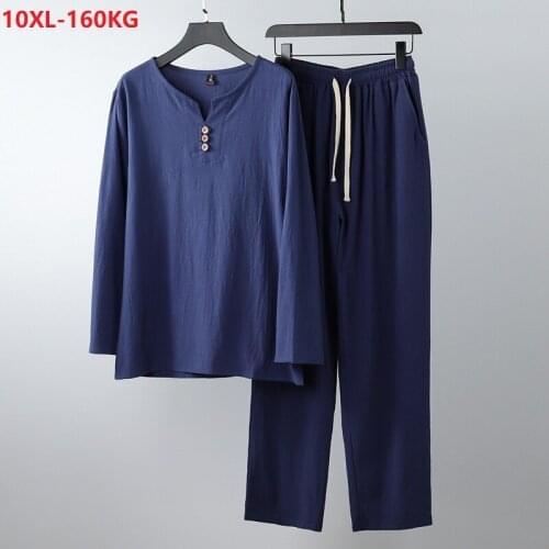 Autumn Chinese style long sleeve t-shirt and pants men plus size 8XL 9XL 10XL linen cotton vintage casual tees loose home tops