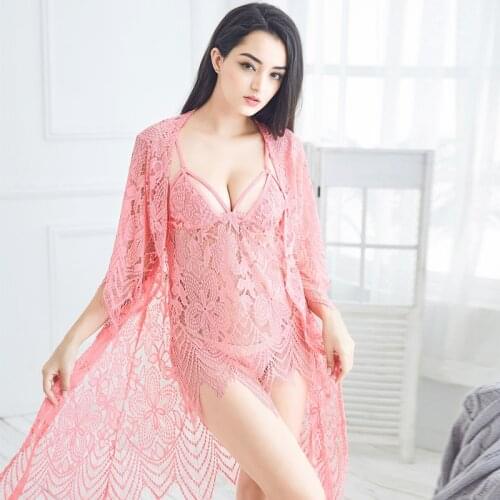 Lace Hollow See-thought Robes with Bra Panty Set Erotic Sexy Lingerie Dress Lace Nightgown Nightdress Intimate Wear Gift