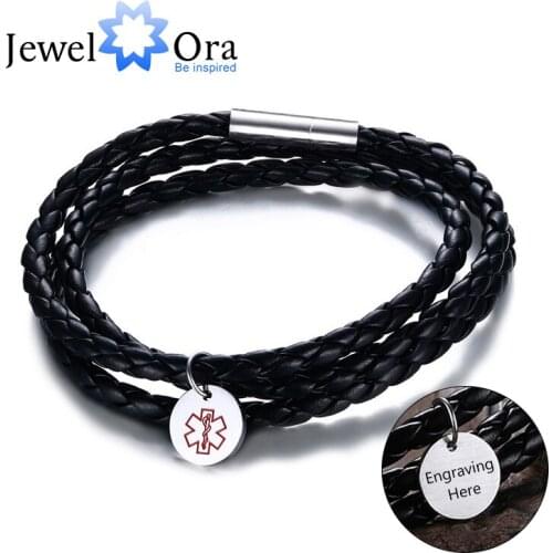 Medical Alert ID Bracelet Personalized Engraved Name PU Leather Jewelry Stainless Steel Bracelets & Bangles (JewelOra BA102230)