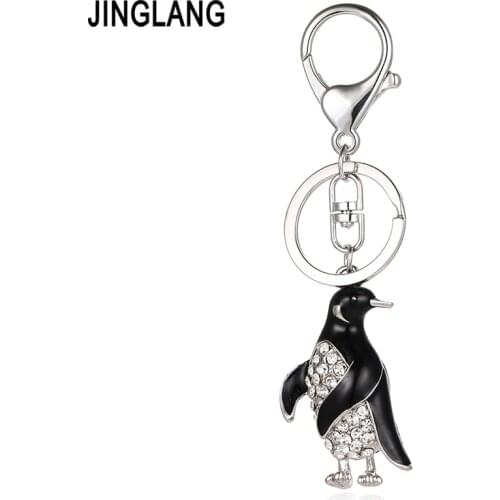 JINGLANG Silver Color Metal Keyring Dangle White Crystal 3D Enamel Penguin Animal Charms Keychains For Women Bag Jewelry