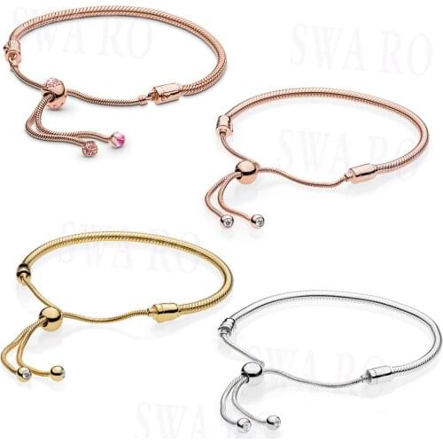 Fashion 925 Silver Romantic Pink Peach Glamour Gold Rose Sliding Basic Bracelet Suitable for DIY Beaded Original Women Jewellery