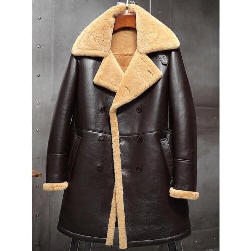 Mens Dark Brown Shearling Jacket B3 Flight Jacket Sheepskin Aviator Long Mens Winter Coats Fur Bomber Leather Jacket