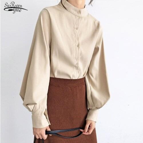 2021 Single Breasted Loose Casual Women Shirt Solid Vintage Blouse Lantern Sleeve Autumn Winter Elegant Lady Blusa Feminina 6145