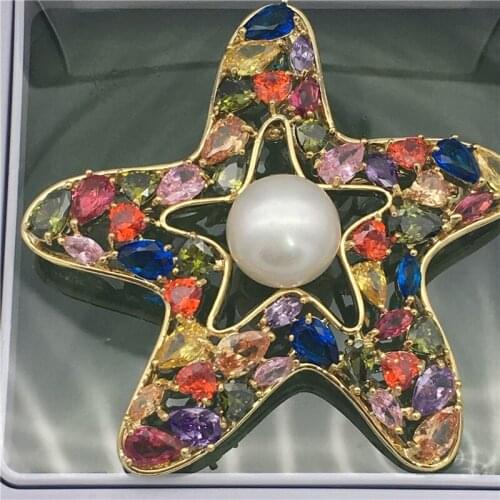 Wholesale Popular Austria multicolor Zircon stars Inlay AA 10-11 FW White Pearl Brooch Scarf Clips Pendant