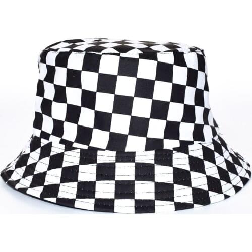 Fashion Black White Plaid Check Bucket Hats Fishing Caps Women Mens Reversible Fisherman Hat boy girls summer Panama