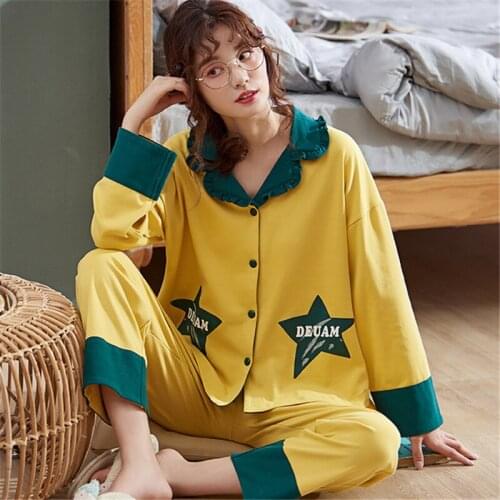 Korean style pajamas set autumn fresh lapel cotton home clothes ladies night gown two-piece bathrobe kimono sexy nightwear