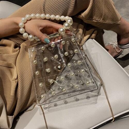 New Fashion PVC Jelly Transparent Bag with Pearl Lady Handbag Mini Chain Flap Cute Messenger Bag Bolsa Feminina Clear Bag