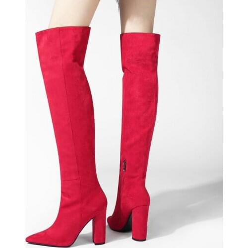 2021 New Women Suede Over the Knee Boots Sexy Pointed Toe Thick Heel Ladies Long Boots Fashion Winter Boots Zipper Large 34-43