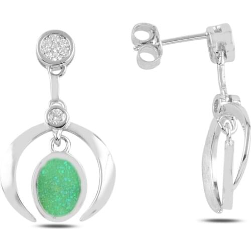 Silver 925 Sterling Green Opal & Zircon Crystal Dangle Studded Earrings
