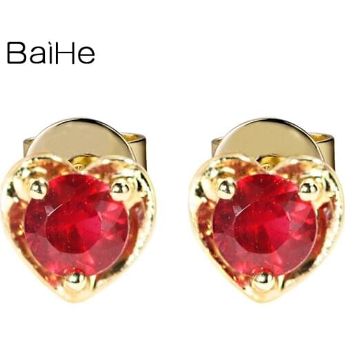 BAIHE Genuine Solid 14K White/Yellow/Rose Gold Natural Ruby Earrings Women Cерьги 2020 тренд Wedding Heart Earrings New Earrings