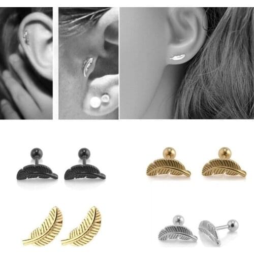 Retro punk mini leaf earrings ear bone nails feather lip nails pierced cartilage spiral rod earrings pierced jewelry gift