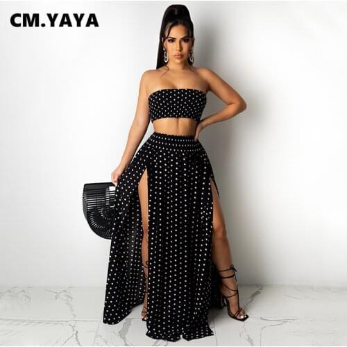 CM.YAYA Set Dot Print Sleeveless Strapless Crop Tops Splited Loose Maxi Long Skirts Two 2 Piece Set Sexy Tracksuit Summer Outfit