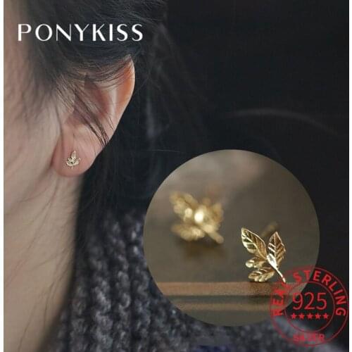 PONYKISS Trendy 925 Sterling Silver Simplicity Leaves14K Gold Stud Earrings For Women Classic Fine Jewlry Gift Drop Shipping
