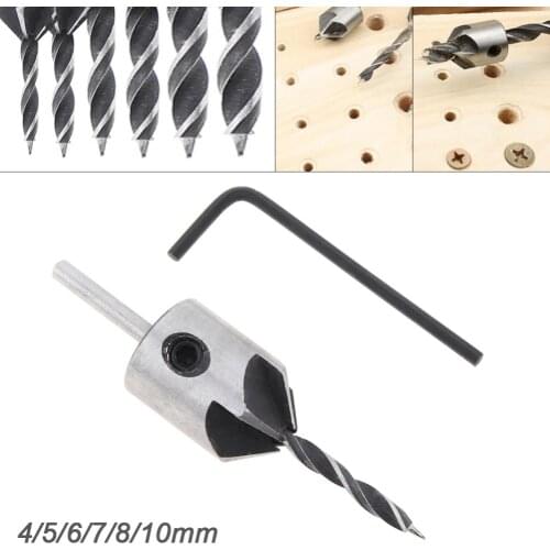 Drill Bit Flute Round Shank 4-10mm Countersink Adjustable Tapered Bits for Wood with Allen Wrench Woodworking Drilling Tool