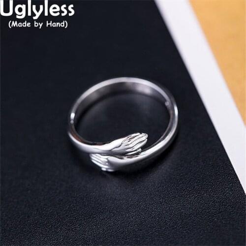 Uglyless Hug Rings for Women Instagram Icons Popular Warm Hugs Gifts Glossy Silver Jewelry Handmade Cross Hands Rings 925 Silver