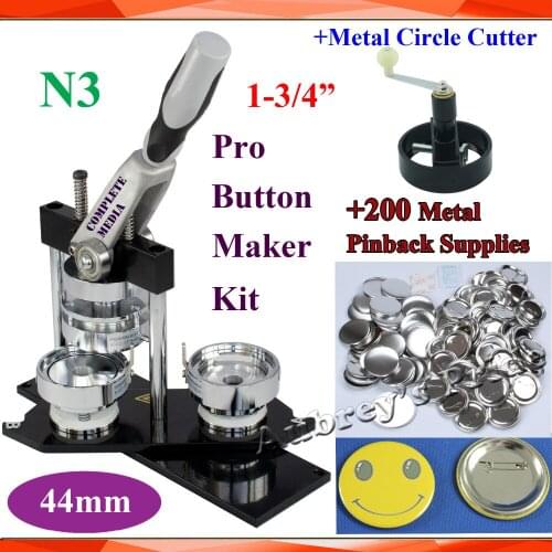 Free Shipping Pro N3 High Quality 1-3/4" 44mm Badge Button Maker Machine +Metal Cutter+200 Sets Metal Pinback Supplies