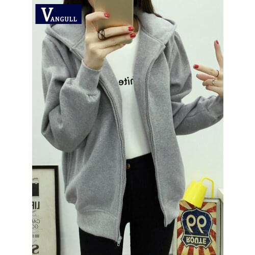 Vangull Korean Style zip-up Women Hoodies Vintage Solid Color Long Sleeve Oversized Hooded Sweatshirt Ladies Warm Velvet Hoodies