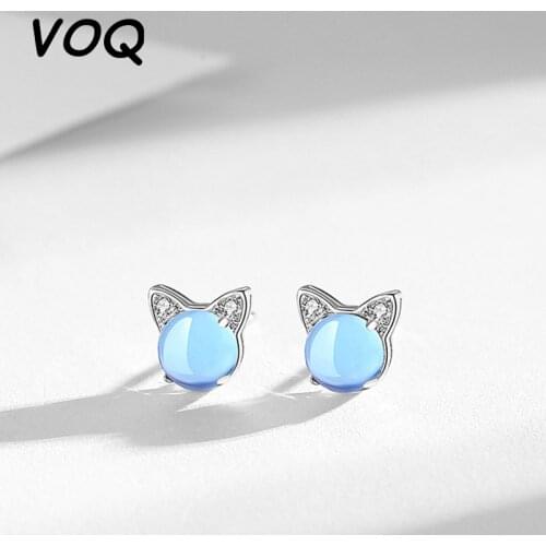 VOQ 925 sterling silver new cute cat earrings sweet blue cat small earrings exquisite party jewelry