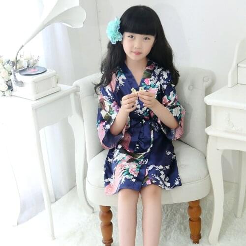 Japanese kimono kids satin pajamas Silk children peacock beauty nightdress bathrobe baby girl pajamas sleeping clothing 3-12 Y