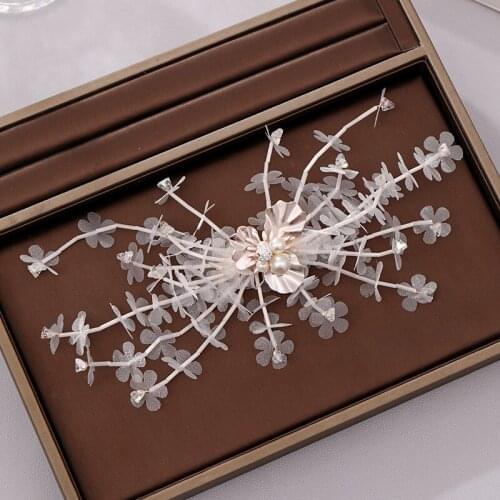 Romantic Bridal Pink Yarn Flower Hairpins Hair Clips Women Pearl Crystal Headbands Engagement Party Wedding Hair Accessories