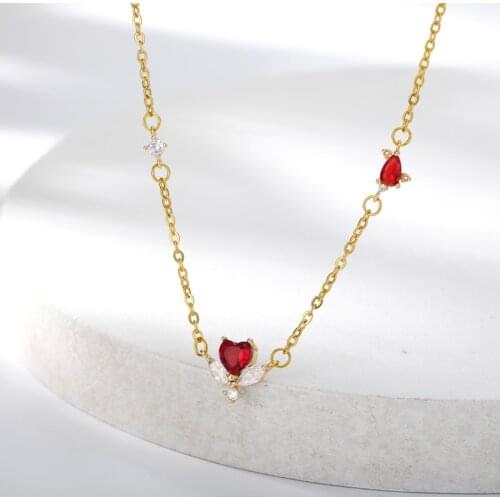 Crystal Red Heart Necklace For Women Stainless Steel Gold Chain CZ Necklaces Pendant Female Statement Wedding Band Jewelry Gift