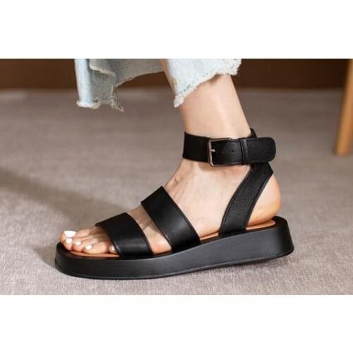 Dipsloot Newest Girls Black White Soft Leather Rome Thick Sole Sandals Woman 3 CM Low Heels Comfortable Simple Flats Sandals
