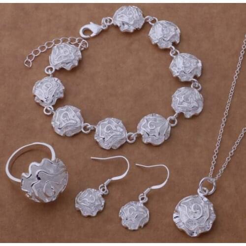 Hot new high quality silver color jewelry fashion simple women classic necklace earring bracelet ring Jewelry Set AT196